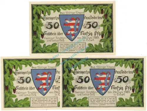 Erfurt , Notgeld Set 3 Scheine -o.Drfa- unc-kfr. M-G 345.2.B , TH 1921 Seriennotgeld -5791