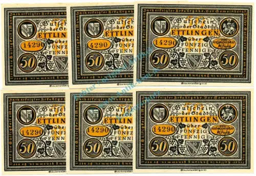 Ettlingen , Notgeld Set 6 Scheine -Nummerngleich- unc-kfr. M-G 355... BW 1921 Seriennotgeld -5792