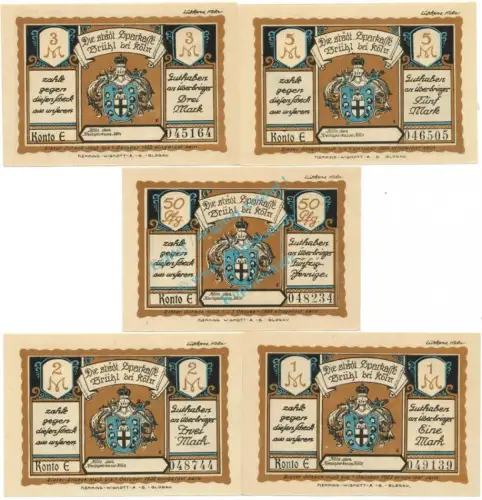 Brühl , Notgeld Set -5 x Konto E- unc-kfr. M-G 192.1.b , NRW o.D. Seriennotgeld -5816
