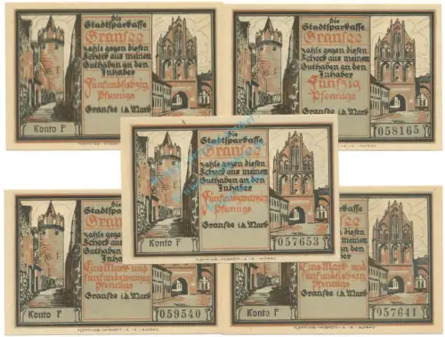 Gransee , Notgeld Set 5 x Konto -F- unc-kfr. M-G 465.1 , BBG o.D. Seriennotgeld -5797