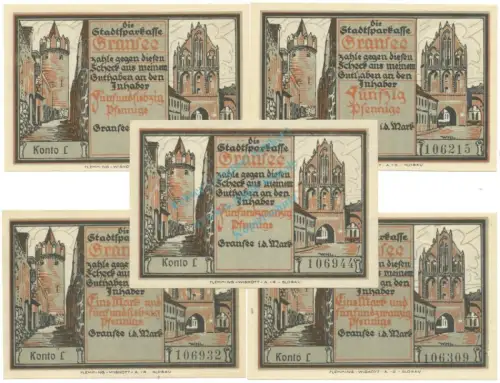 Gransee , Notgeld Set 5 x Konto L und -WZ- unc-kfr. M-G 465.2 , BBG o.D. Seriennotgeld -5798
