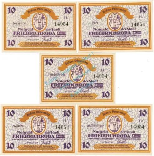 Friedrichroda , Notgeld Set 10 Pf. -Nummerngleich- unc-kfr. M-G 393.1 , TH o.D. Seriennotgeld -5812