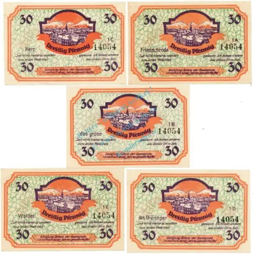 Friedrichroda , Notgeld Set 30 Pf. -Nummerngleich- unc-kfr. M-G 393.1 , TH o.D. Seriennotgeld -5813