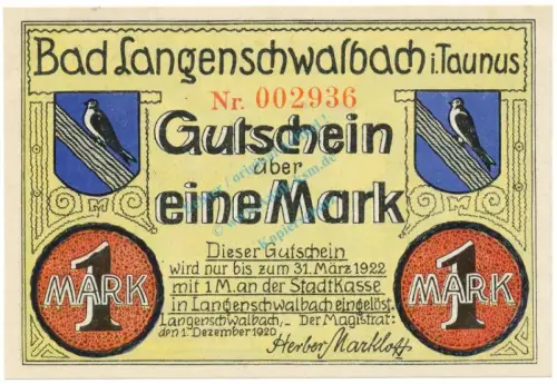 Langenschwalbach , Notgeld 1 Mark Schein unc-kfr. M-G 771.2 , HE 1920 Seriennotgeld -1893