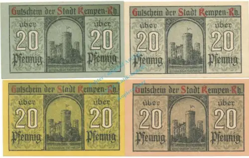 Kempen , Notgeld Set 4 x 20 Pfennig unc-kfr. M-G 689.3 , RHL 1920 Seriennotgeld -5785
