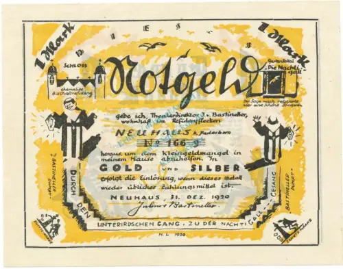 Neuhaus , Notgeld 1 Mark Schein unc-kfr. M-G 944.2 , NRW 1920 Seriennotgeld -1893