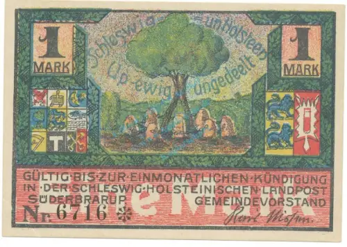 Süderbrarup , Notgeld 1 Mark Schein unc-kfr. M-G 1294.3 , SH o.D. Seriennotgeld -5819