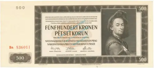 500 Kronen unc-kfr 1942 ZWK-18.a, Ros.565, P.12 Böhmen und Mähren -1299