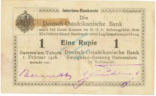 1 Rupie Schein 1916 gbr. DOA.31.a, Ros.929, P.20 Deutsch-Ostafrika -1316
