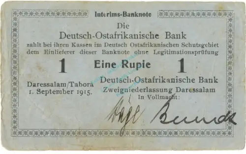 1 Rupie Schein 1915 gbr. DOA.12, Ros.911, P.6 Deutsch-Ostafrika -1319
