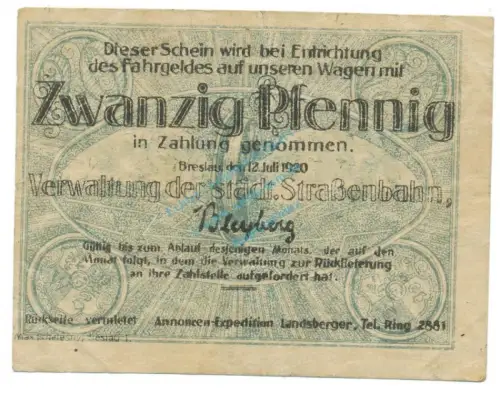 Breslau , Notgeld 20 Pfennig Schein gbr. Tieste 0915.120.05 , Schlesien 1920 Verkehrsausgabe -4054