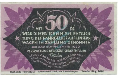 Breslau , Notgeld 50 Pfennig Schein L-gbr. Tieste 0915.120.10 , Schlesien 1920 Verkehrsausgabe -4055