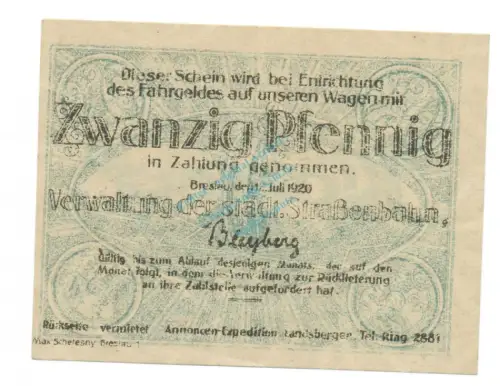 Breslau , Notgeld 20 Pfennig Schein unc-kfr. Tieste 0915.120.05 , Schlesien 1920 Verkehrsausgabe -4056