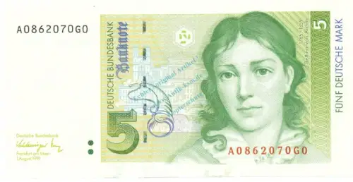 5 D-Mark Schein unc-kfr 1991 BRD-40, Ros.296, P.37 , Deutsche Bundesbank -1284