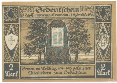 Weinheim , Notgeld 2 Mark Schein Nr.1 unc-kfr. M-G 1402.1 , BaWü o.d. Seriennotgeld -5760