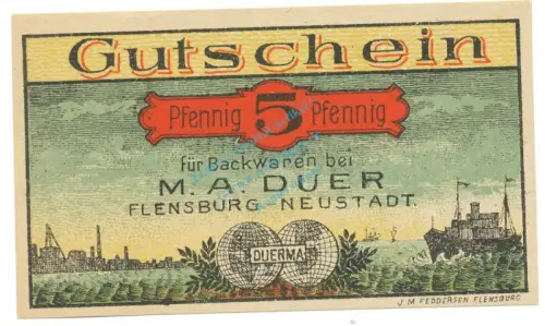 Flensburg , Notgeld 5 Pfennig -M.A.Duer- unc-kfr. M-G 366.1.a , SH o.D. Seriennotgeld -5723