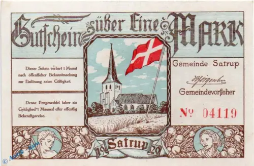 Notgeld Satrup , 1 Mark Schein in kfr. weiss , Mehl Grabowski 1168.1 c , dänisch Nordschleswig Seriennotgeld