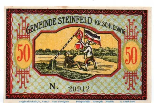 Notgeld Gemeinde Steinfeld 1262.2 , 50 Pfennig Schein , Fehldruck N , in kfr. von 1920 , Schleswig Holstein Seriennotgeld