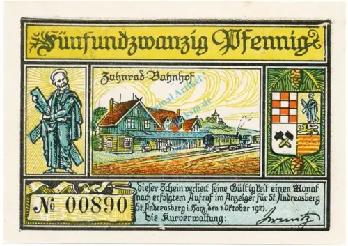 St. Andreasberg , Notgeld 25 Pfennig Schein unc-kfr , M-G 1164.2 NDS 1921 Seriennotgeld -5698