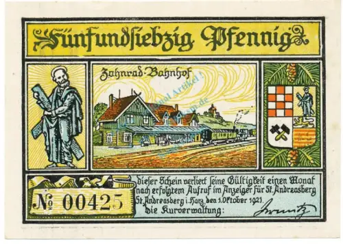St. Andreasberg , Notgeld 75 Pfennig Schein unc-kfr , M-G 1164.2 NDS 1921 Seriennotgeld -5699