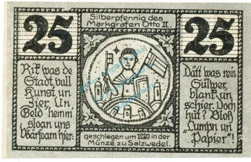 Salzwedel , Notgeld 25 Pfennig -Fehldruck- unc-kfr. M-G 1162.1 , SA 1921 Seriennotgeld -5818