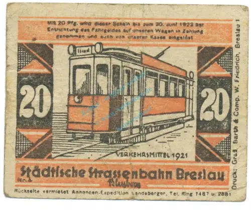 Breslau , Notgeld 20 Pfennig -M.Schaefer- gbr. M-G 187.4 , SLN o.D. Seriennotgeld -5711