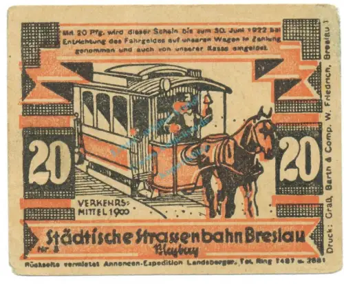 Breslau , Notgeld 20 Pfennig -Nuos- F-kfr. M-G 187.4 , SLN o.D. Seriennotgeld -5712