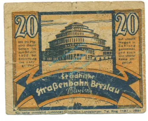Breslau , Notgeld 20 Pfennig -Klausner- gbr-. M-G 187.2 , SLN o.D. Seriennotgeld -5713