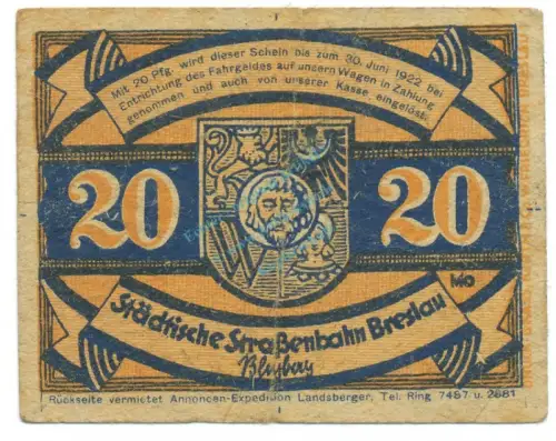 Breslau , Notgeld 20 Pfennig -Fröhlich- gbr. M-G 187.2 , SLN o.D. Seriennotgeld -5714