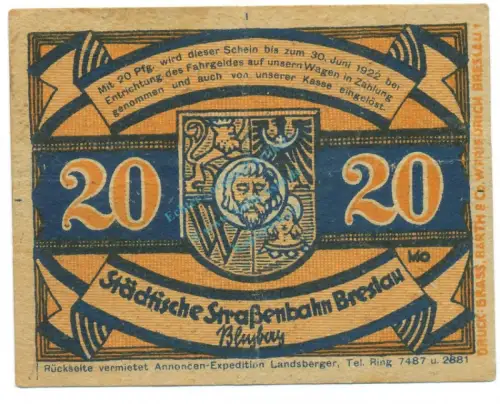 Breslau , Notgeld 20 Pfennig -Garbaty- gbr. M-G 187.2 , SLN o.D. Seriennotgeld -5715