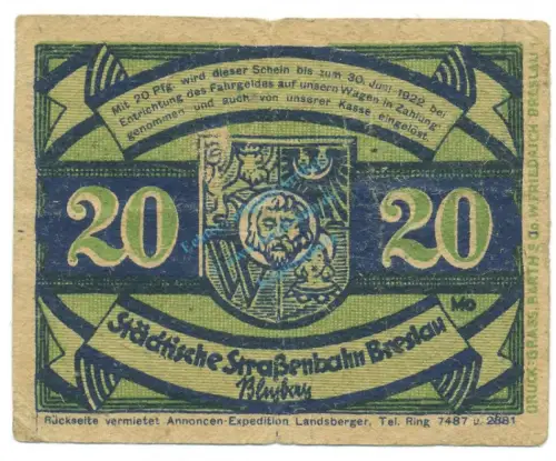 Breslau , Notgeld 20 Pfennig -Ring8300- gbr. M-G 187.1 , SLN o.D. Seriennotgeld -5717