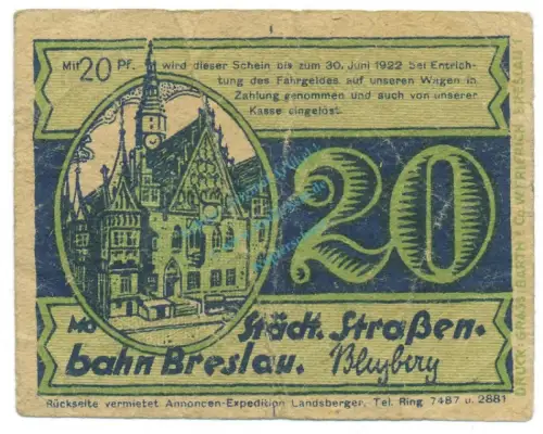 Breslau , Notgeld 20 Pfennig -Frölich- gbr. M-G 187.1 , SLN o.D. Seriennotgeld -5718