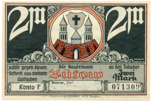 Bütow , Notgeld 2 Mark Schein -WZ- unc-kfr. M-G 204.2 , POM o.D. Seriennotgeld -5725