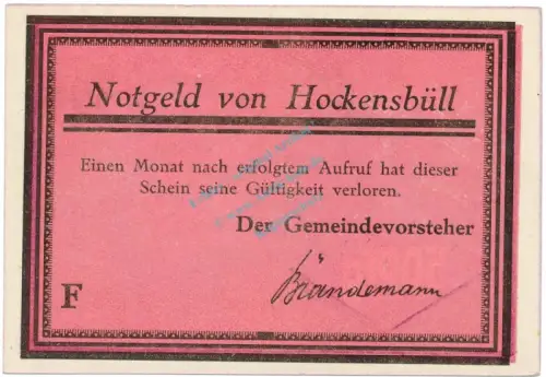 Hockensbüll , Notgeld 50 Pfennig Schein -F- unc-kfr. M-G 614.2.b , SH o.d. Seriennotgeld -5761