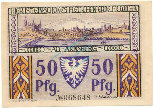 Arnsberg , Notgeld 50 Pfennig Schein unc-kfr. M-G 42.2 , NRW 1921 Seriennotgeld -5765