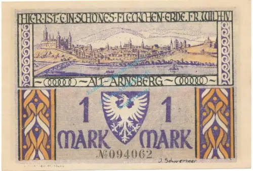 Arnsberg , Notgeld 1 Mark Schein unc-kfr. M-G 42.2 , NRW 1921 Seriennotgeld -5766