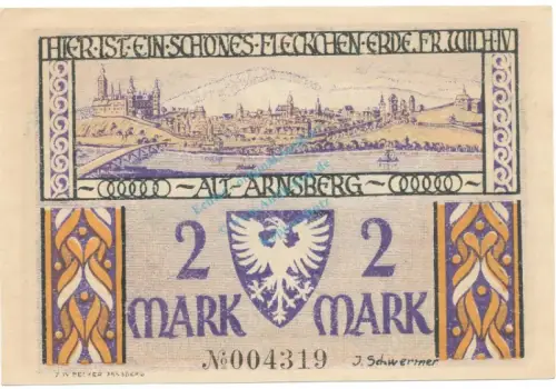 Arnsberg , Notgeld 2 Mark Schein unc-kfr. M-G 42.2 , NRW 1921 Seriennotgeld -5767