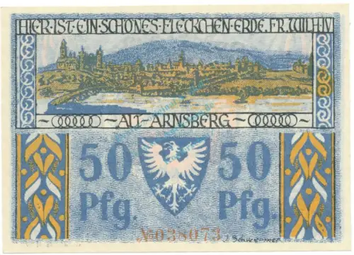 Arnsberg , Notgeld 50 Pfennig Schein unc-kfr. M-G 42.1 , NRW 1921 Seriennotgeld -5772