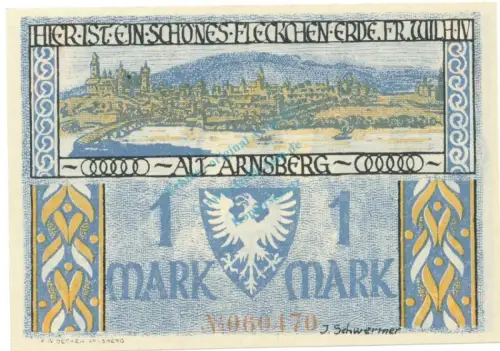 Arnsberg , Notgeld 1 Mark Schein unc-kfr. M-G 42.1 , NRW 1921 Seriennotgeld -5773