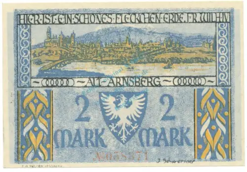 Arnsberg , Notgeld 2 Mark Schein unc-kfr. M-G 42.1 , NRW 1921 Seriennotgeld -5774