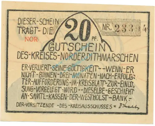 Norder-Dithmarschen , Notgeld 20 Pfennig -NOR- unc-kfr. M-G 983.4 , SH o.D. Seriennotgeld -5705