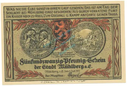Mühlberg , Notgeld 25 Pfennig -Fehldruck- unc-kfr. M-G 903.1.F , BBG 1921 Seriennotgeld -5738