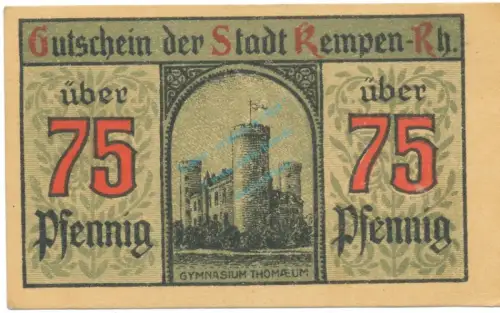 Kempen , Notgeld 75 Pfennig Schein Nr.2 unc-kfr. M-G 689.3 , RHL 1920 Seriennotgeld -5786