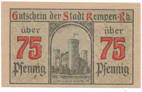 Kempen , Notgeld 75 Pfennig Schein Nr.4 unc-kfr. M-G 689.3 , RHL 1920 Seriennotgeld -5787
