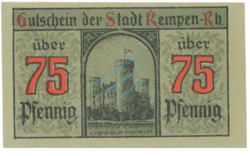 Kempen , Notgeld 75 Pfennig Schein Nr.3 unc-kfr. M-G 689.3 , RHL 1920 Seriennotgeld -5788