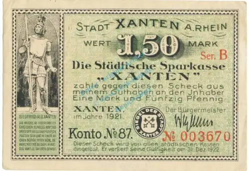 Xanten , Notgeld 1,50 Pfennig Schein Nr.1 F-kfr. M-G 1465.1 , NRW 1921 -5704