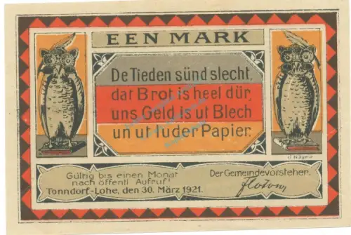 Tonndorf , Notgeld 1 Mark -dünn,glatt- unc-kfr. M-G 1330.2 , SH 1921 Seriennotgeld -5821