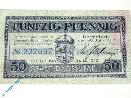 Notgeld Darmstadt , 50 Pfennig Schein Kn blau , Tieste 1300.15.10 , von 1917 , Hessen Verkehrsausgabe