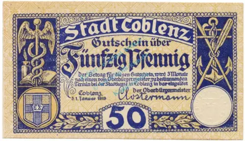 Coblenz , Notgeld 50 Pfennig Schein unc-kfr. Tieste 1165.60.20 , RHL 1919 Verkehrsausgabe -0163