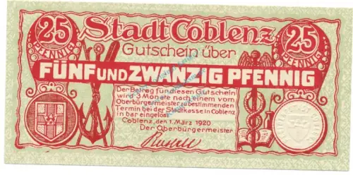 Coblenz , Notgeld 25 Pfennig Schein unc-kfr. Tieste 1165.60.26 , RHL 1920 Verkehrsausgabe -4066